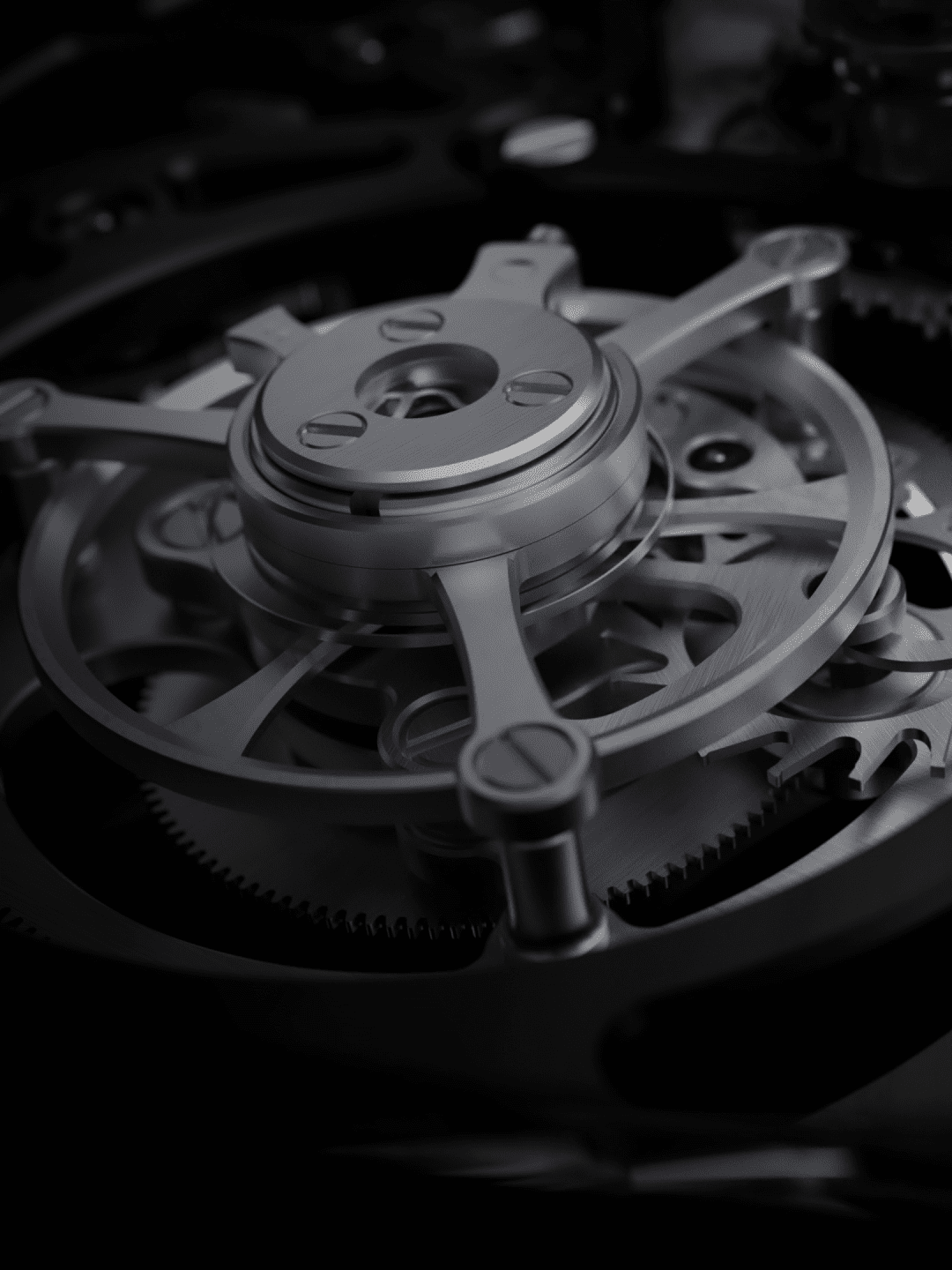 Tourbillon volante all’interno di un movimento meccanico svizzero con gabbia di regolazione rotante e componenti a vista